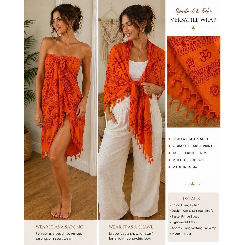 Orange Om Yoga Meditation Sarong Scarf Wrap Shawl Tassel Boho India